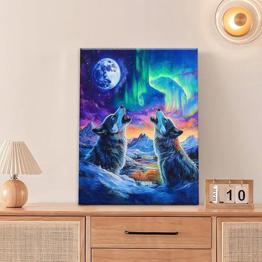 Wolf Wall Art Wolves Canvas Wall Decor Prints Framed Painting Aurora Pictures Gifts Artwork for Bathroom Bedroom Living Dining 12"x16"