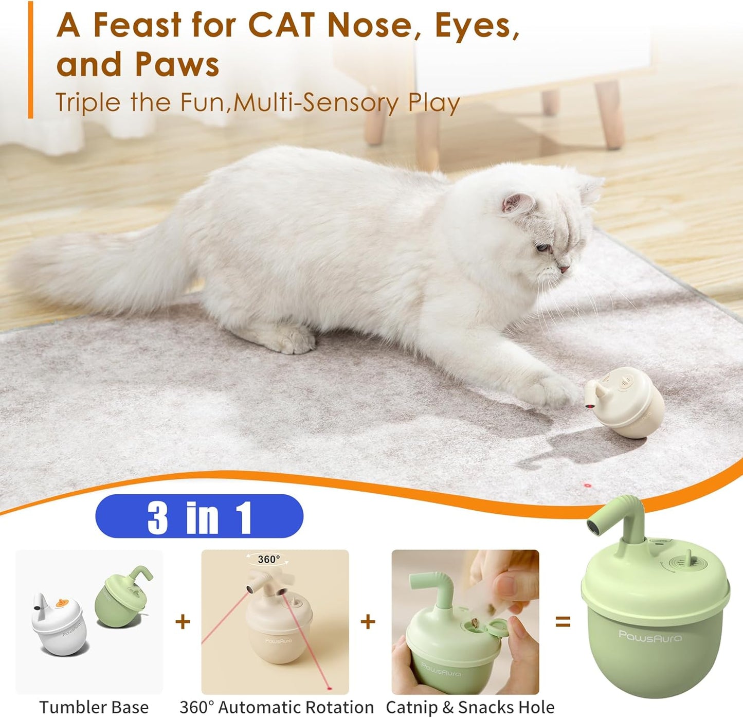 Automatic Laser Cat Interactive Toy - Self-Balancing 360° Auto-Spin Laser Pointer with Catnip Hole, Triple-Sensory – Kitten Sight, Smell & Touch, Boredom Relief Toys for Indoor Adult Cats