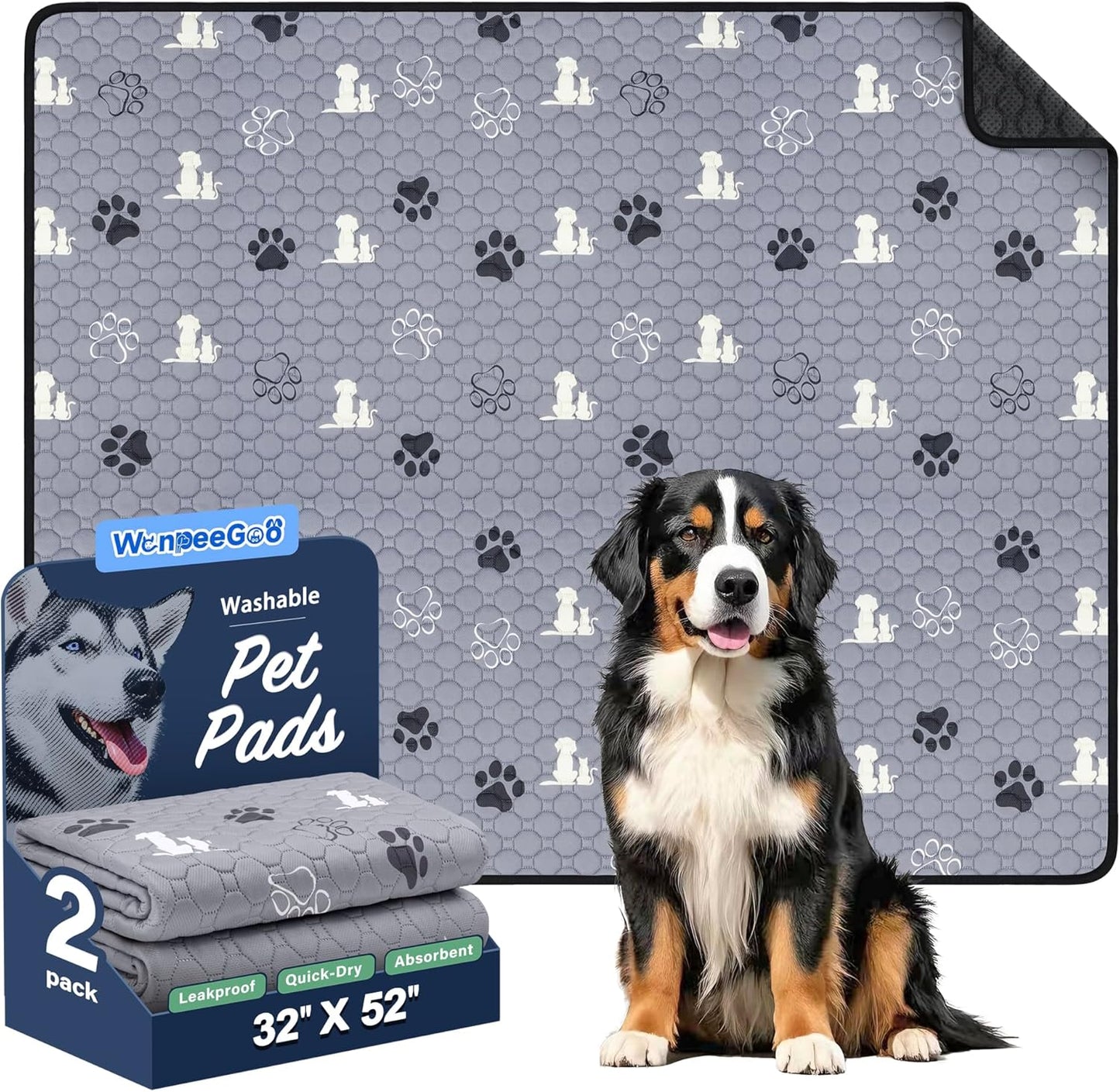 Washable Pee Pads for Dogs Mat, 2 Pack Absorbent Reusable Training Dog Pads Pet Puppy Pads, Non-Slip Potty Pads for Whelping, Playpen, Crate, Bed, Grey 32"x52"