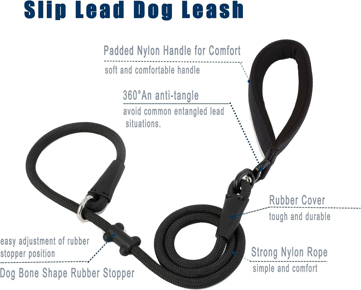 Slip Lead Dog Leash，Strong Nylon Rope Leash and Padded Handle,No Pull Outdoor Walking Training Lead for Small Medium Large Dogs(Black, 1/2"×4ft)