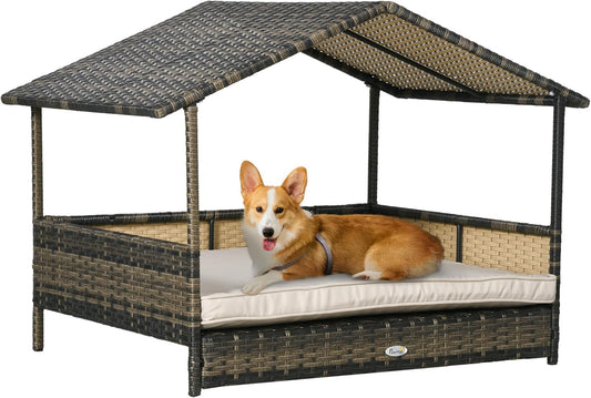 PawHut Wicker Dog House Outdoor with Canopy, Rattan Dog Bed with Water-Resistant Cushion, Raised Dog Bed for Small, Medium Dogs up to 66 lbs, 19.75" in Length, Brown Wicker, Khaki Cushion