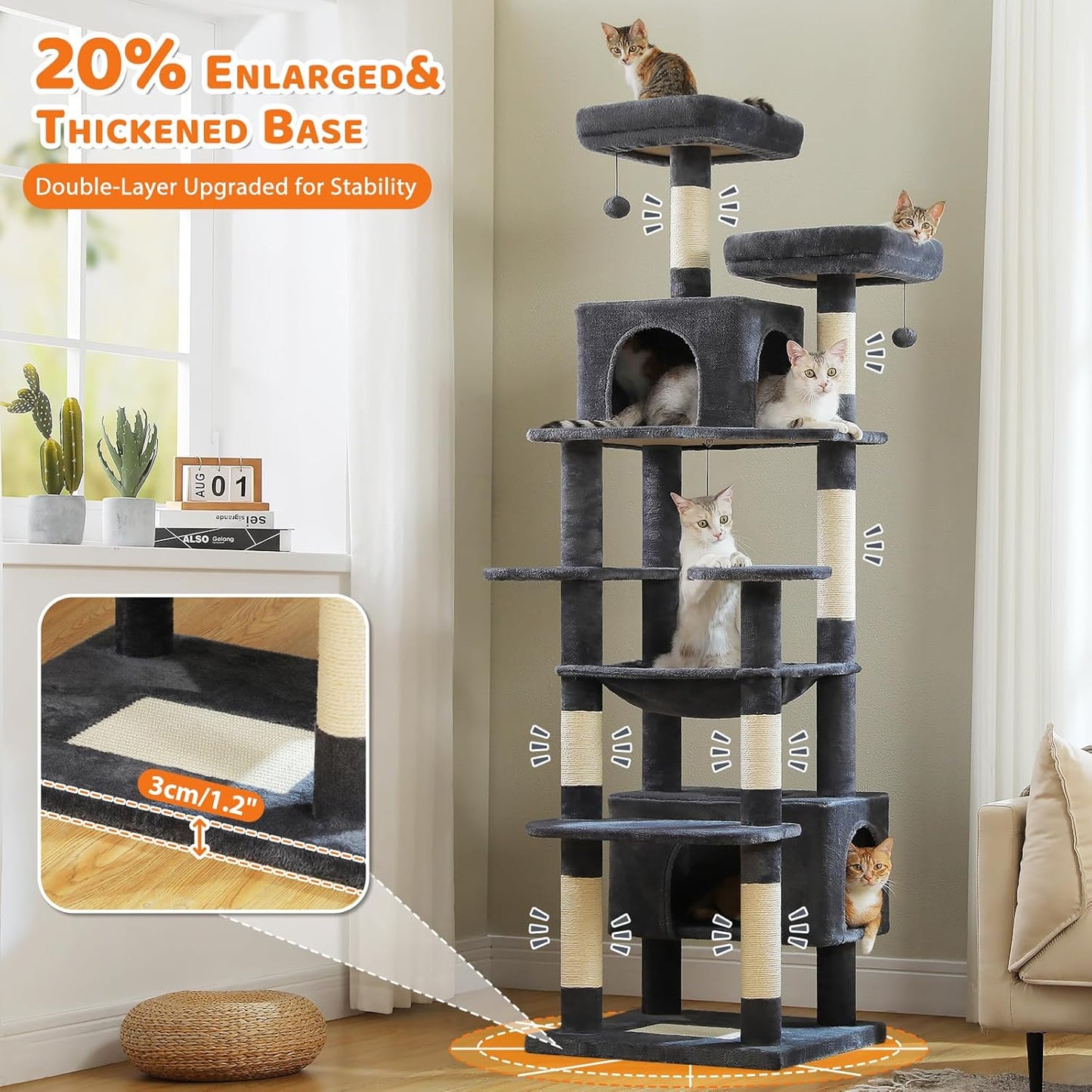 PAWZ Road Heavy Duty Cat Tree for Large Cats, 81 Inches Tall Cat Tower with 2 Perches, 2 Condos and Spacious Hammock, XL Extra Large Condo with 7 Scratching Posts for 20lb+ Adult Cats, Dark Gray