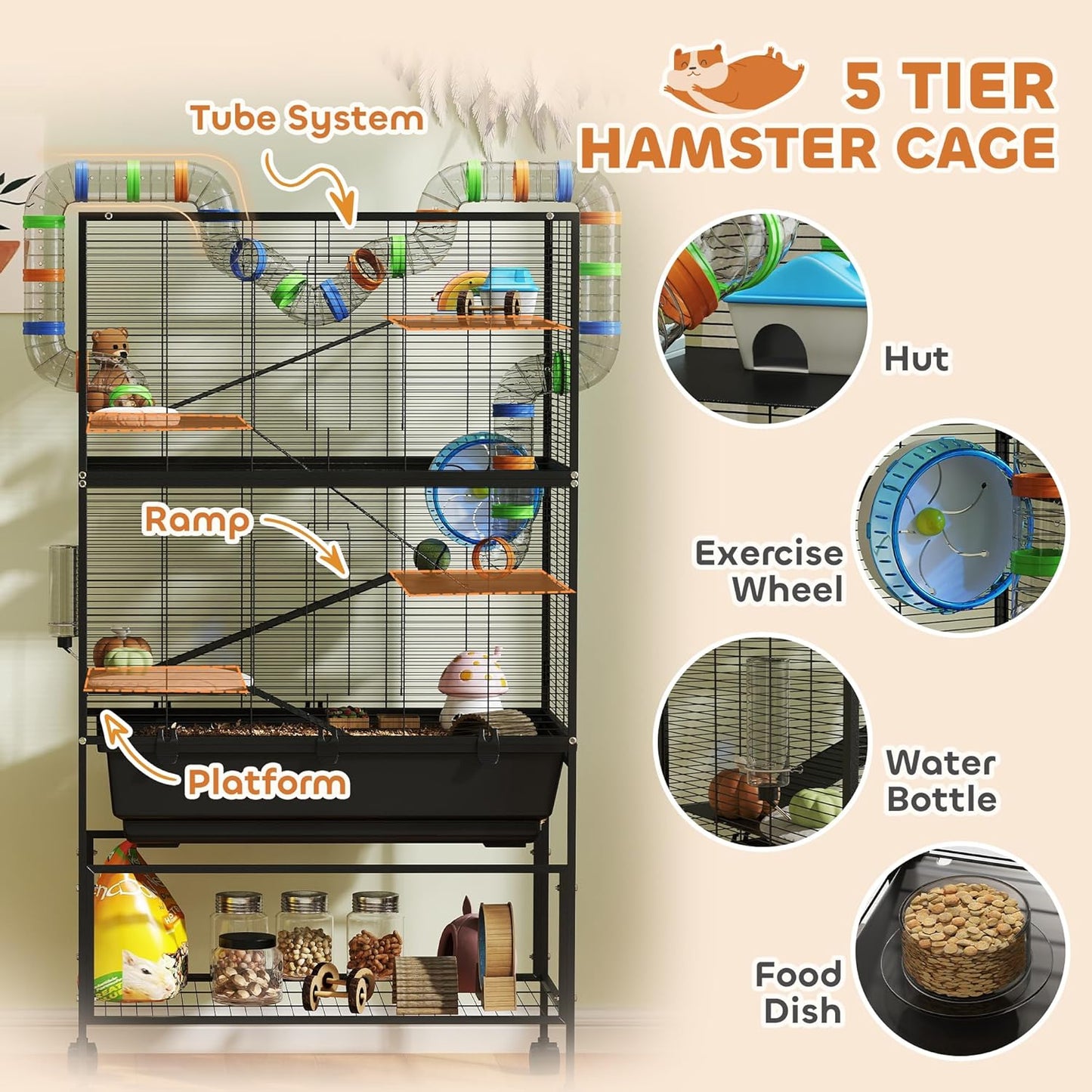 PawHut Hamster Cage with Deep Tray, 5 Tier Rolling Rat Cage with Storage Shelf, Big Exercise Wheel, Tube System, Hut, Platforms, Ramps, Food Dish, Water Bottle, for Syrian, Gerbil, Mouse