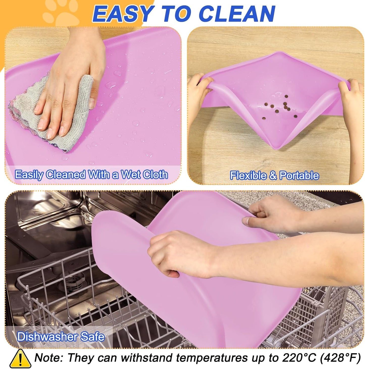 Silicone Pet Feeding Mat with Raised Edge for Food and Water, Dog Bowl Mats, Cat Bowls Placemat with High Lip for Floor Waterproof, Rubber Tray for Cats and Dogs 19 x 12 x0.7 Pink