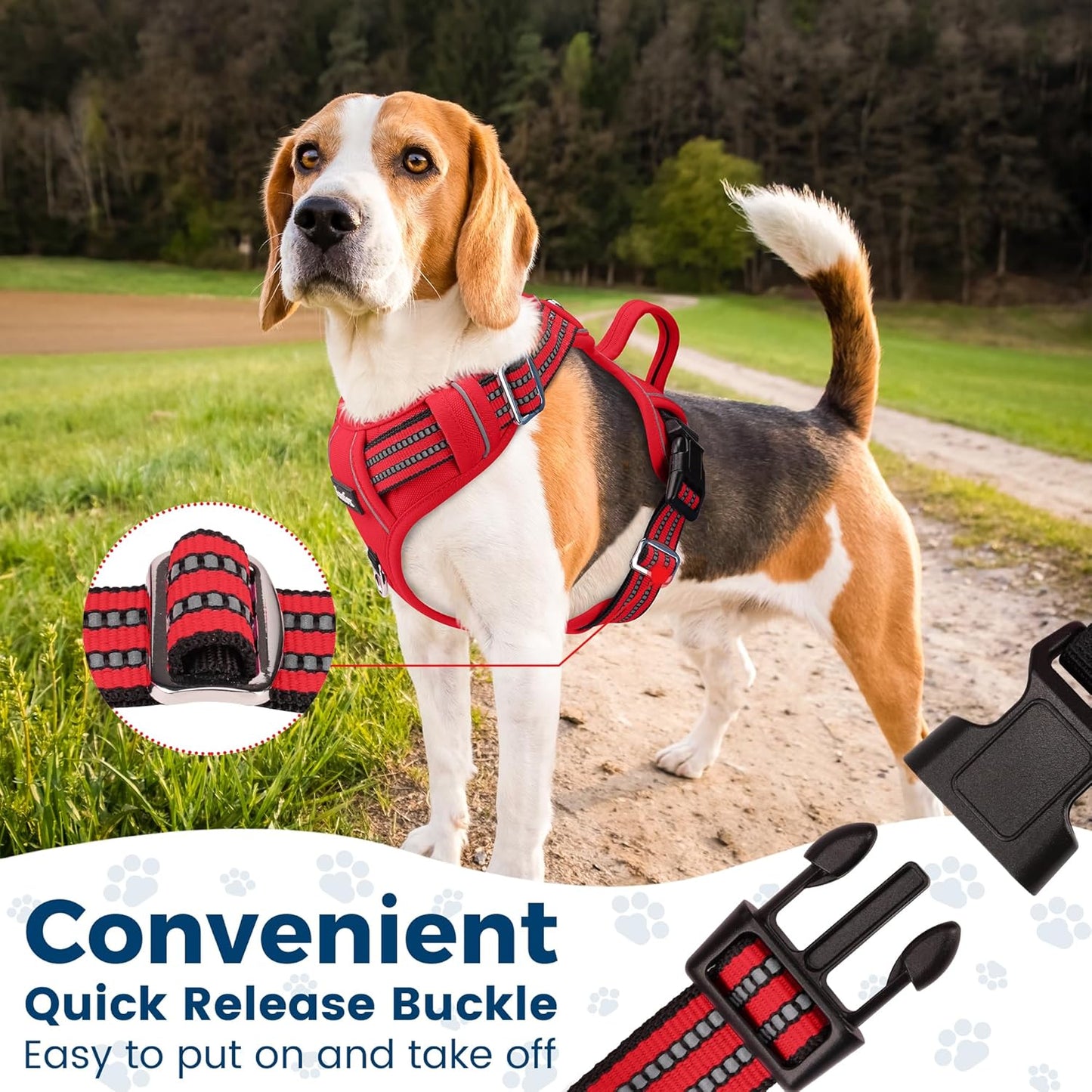 Funfox Dog Harness No Pull, Adjustable Pet Vest Harness, Super Soft Material with Vertical Handle Easy Control, Reflective Night Walking, 2 Leash Clips for Medium Sized Dogs, Red, M
