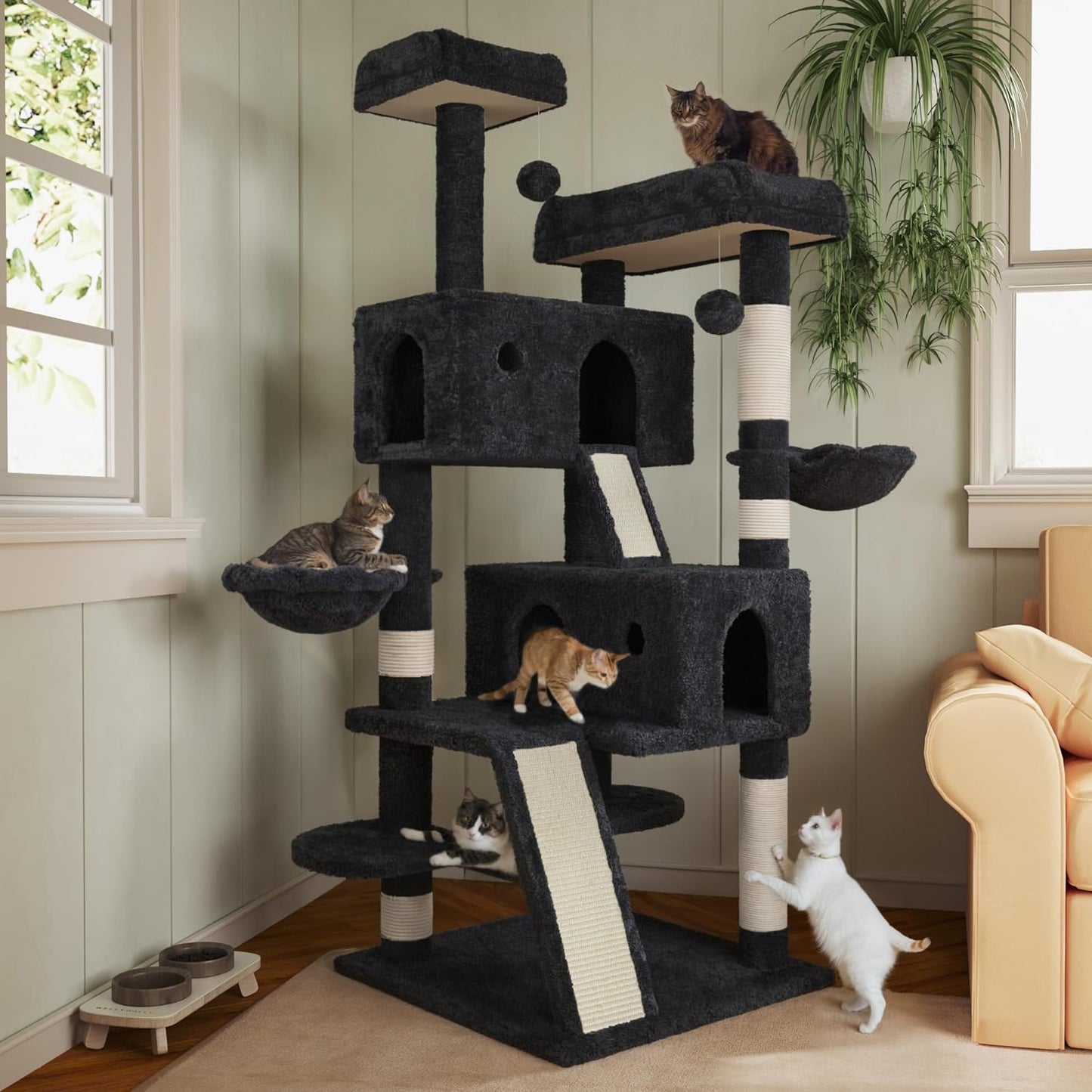MUTICOR 66 Inches Multi-Level Large Cat Tree Tower for Indoor Big Feline/Cozy Plush Perches/Condo/Sisal Scratching Posts/Hammock and Baskets/Activity Center Play House/Wide Base/Dark Grey