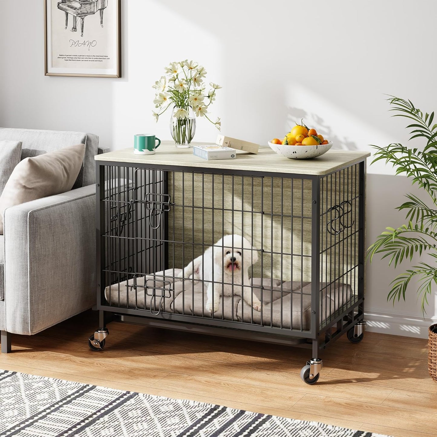 Dog Crate Furniture, 27.2" Small Dog Kennel Wooden Dog Crate with Pull-Out Tray, Double Doors, Modern End Table for Small/Medium Dogs, Rustic Brown
