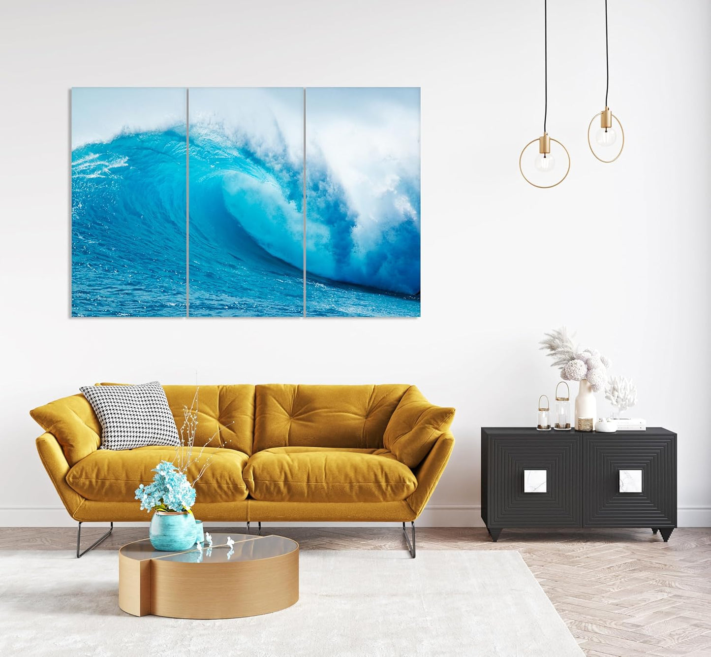 Nature Wall Art Prints - Ocean Forest Mountain Lake Canvas Landscapes - Small to Extra Large Living Room Bedroom Kitchen Bathroom Décor (Blue Ocean Wave, 35L" x 53W" - 3 Panels)