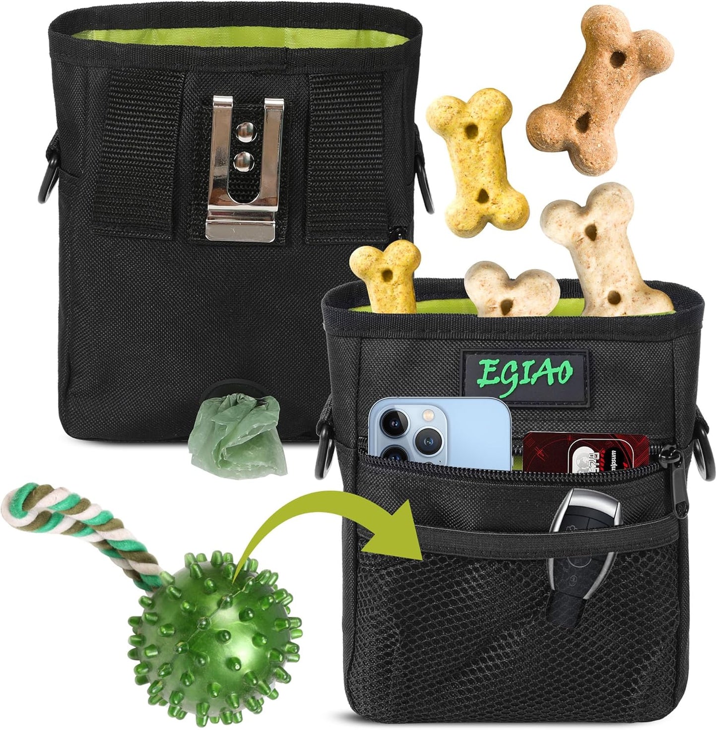 Dog Treat Pouch with Collapsible Dog Bowl, Training Clicker and Poop Bags, Treat Pouches for Pet Training, Built-in Poop Bag Dispenser, Waist Belt Clip, Puppy Treat Pouch Magnetic Closure - Black