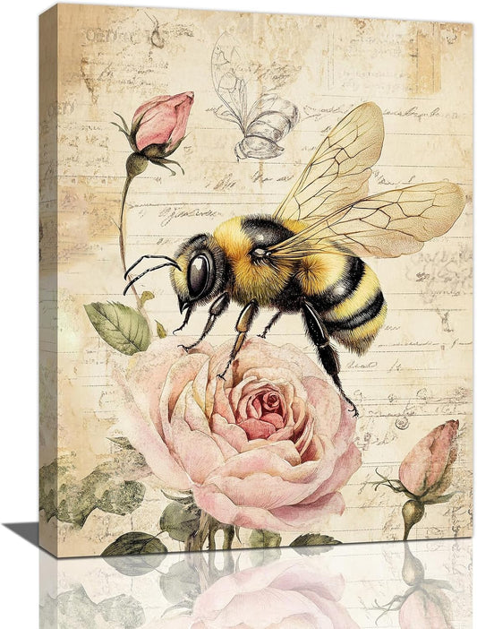 Rustic Bee Bathroom Pictures Wall Art, Vintage Floral Bathroom Wall Decor, Pink Rose Flower Framed Painting Canvas Artwork for Bedroom Living Room Decorations 20"L x 16"W