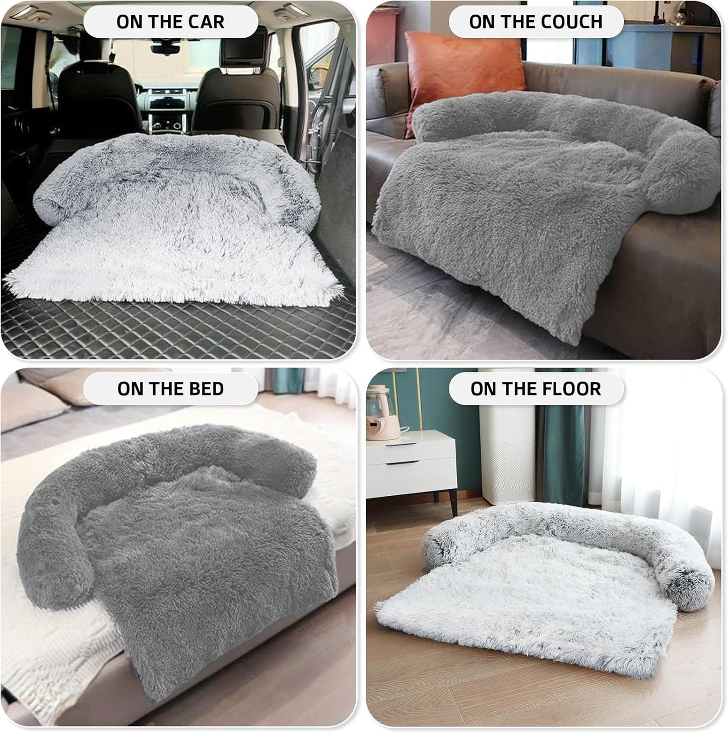 GGIB Calming Dog Bed Fluffy Plush Dog Mat for Furniture Protector with Removable Washable Cover for Large Medium Small Dogs and Cats (Large, Grey)