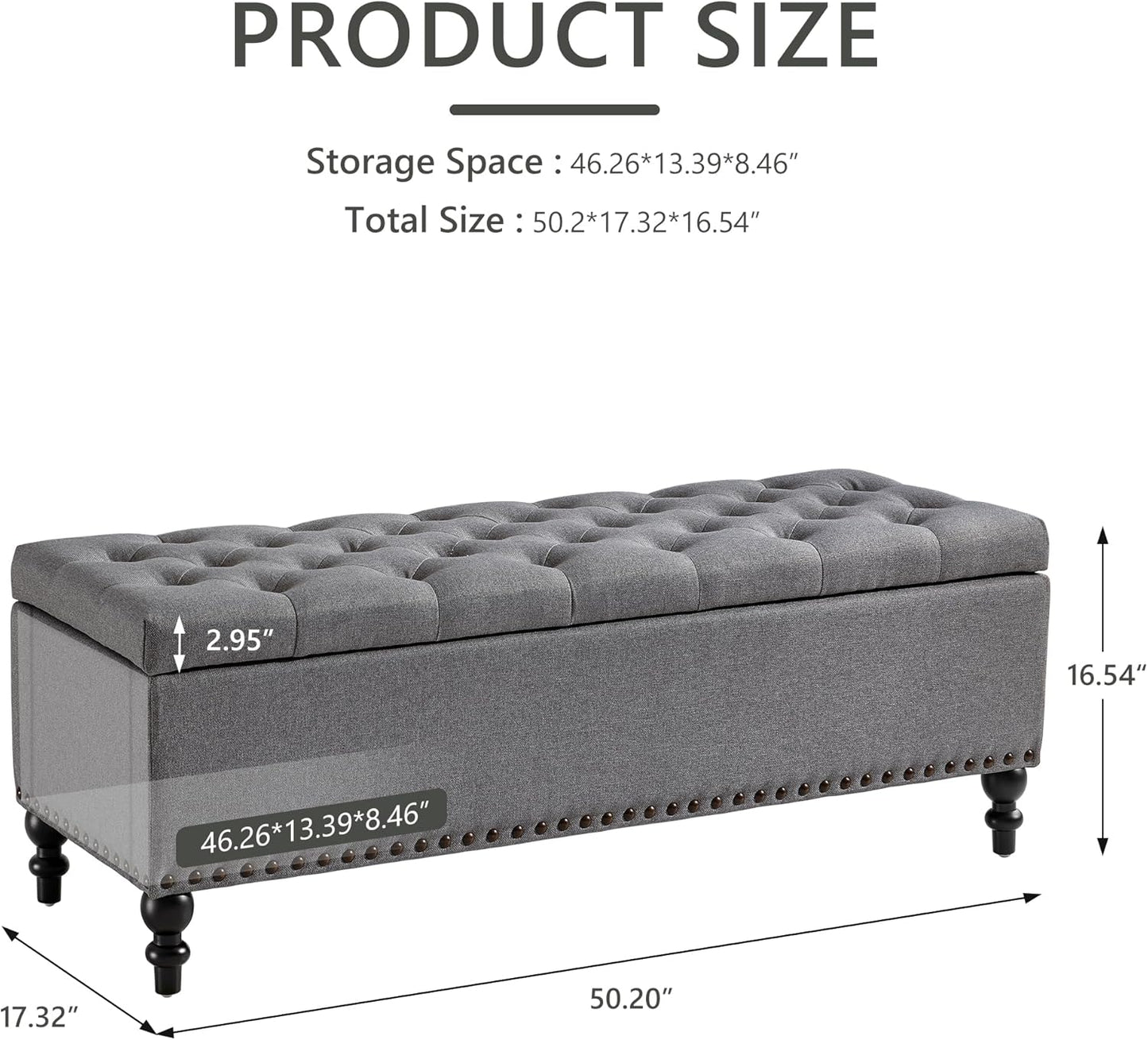 Ottoman with Storage,50.2-inch Upholstered End of Bed Storage Bench for Bedroom,for The Living Room,for Entryway, with Rivets & Button and Safety Hinges,Detachable (Grey)