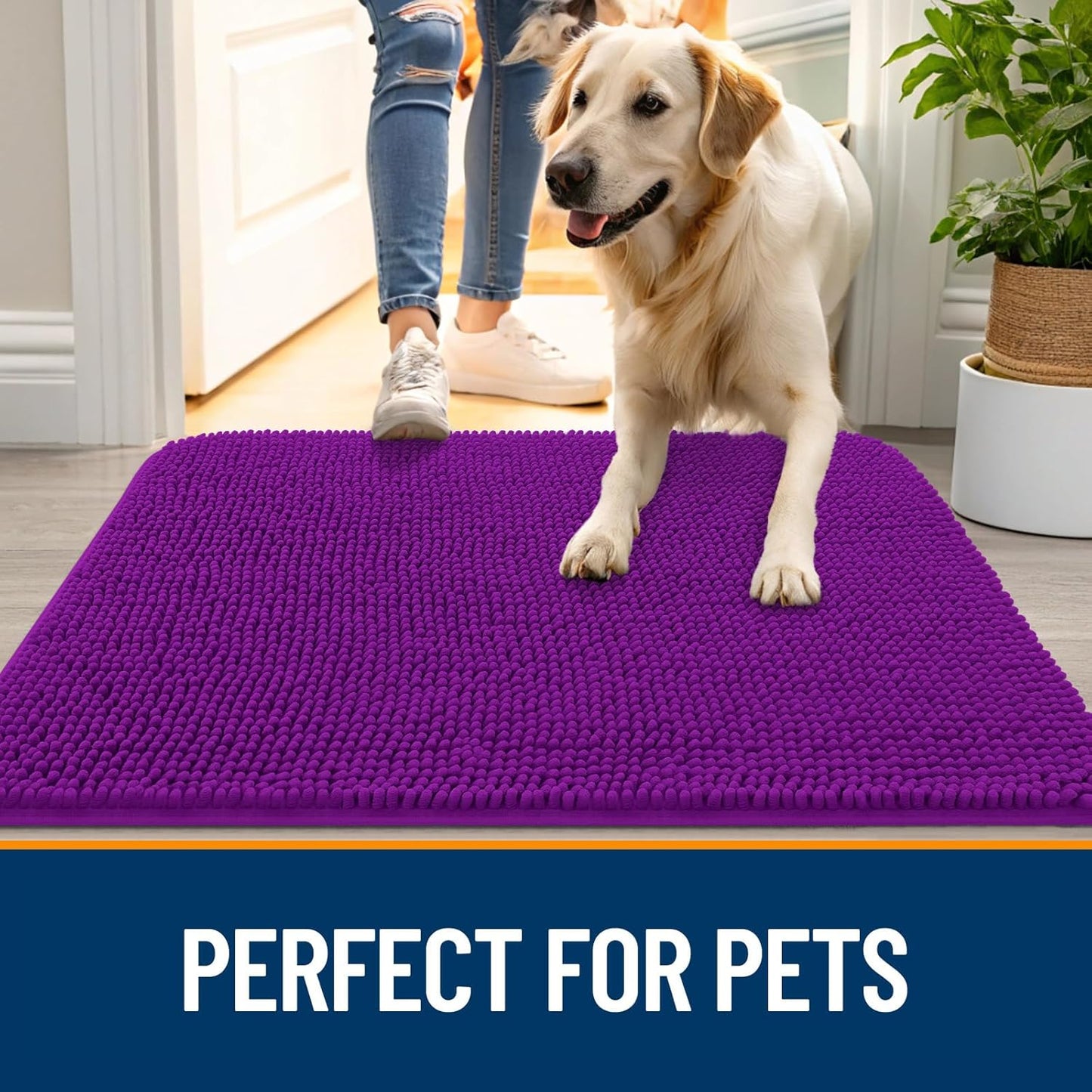 OLANLY Dog Door Mat for Muddy Paws 30x20, Absorbs Moisture and Dirt, Absorbent Non-Slip Washable Doormat, Quick Dry Chenille Mud Mat for Dogs, Entry Indoor Entryway Carpet for Inside Floor, Purple