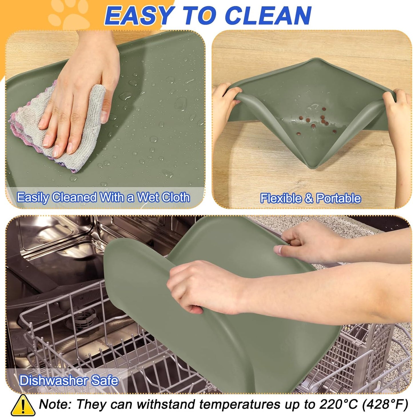 Silicone Pet Feeding Mat with Raised Edge for Food and Water, Dog Bowl Mats, Cat Bowls Placemat with High Lip for Floor Waterproof, Rubber Tray for Cats and Dogs 22 x 14 x0.8 Light Olive Green