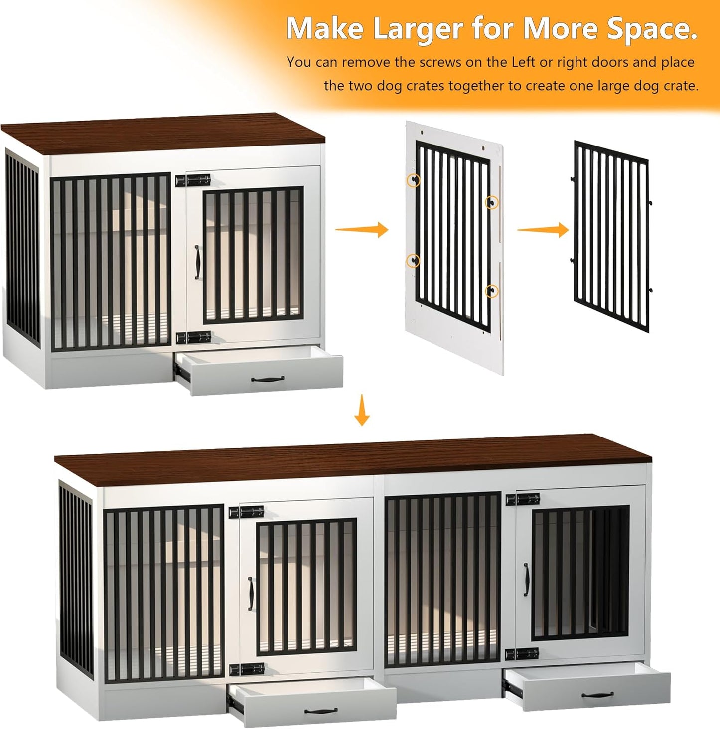 White Heavy Duty Furniture Dog Crate, Wood and Metal Kennel Cage, Pet House End Table with Drawer and Pull-Out Design, Dog Home for Indoor use, Large Size