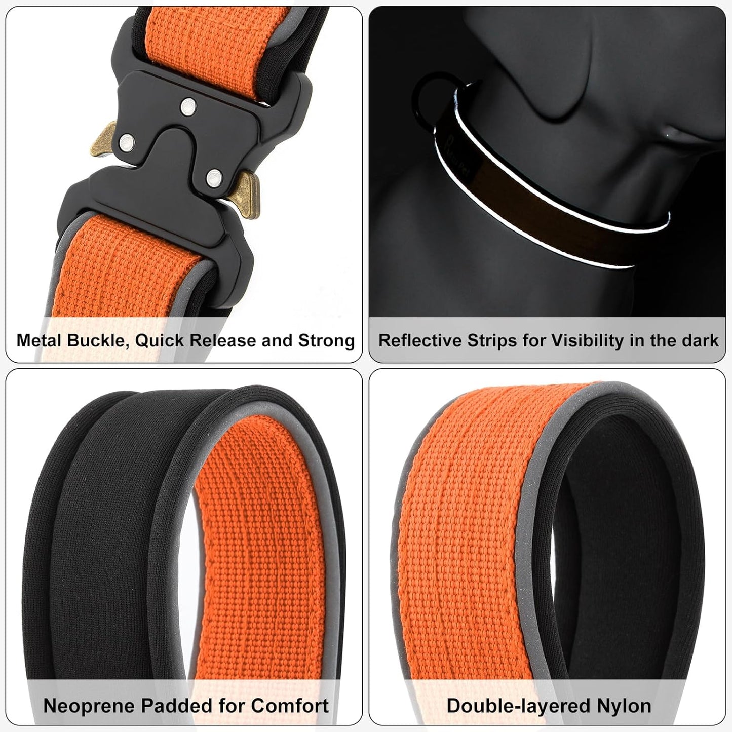 Plutus Pet Tactical Dog Collar, Reflective, Adjustable Heavy Duty Dog Collar, Soft Padded and Comfortable, for Small Medium and Large Dogs (Orange, S)