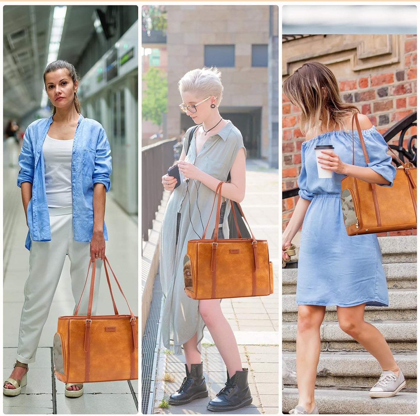 Fashion Dog Purse Pet Carrier Leather Bag for Small Dogs Cats Puppy, Portable Tote Bag Airline Approved Soft-Sided Carriers (Brown)