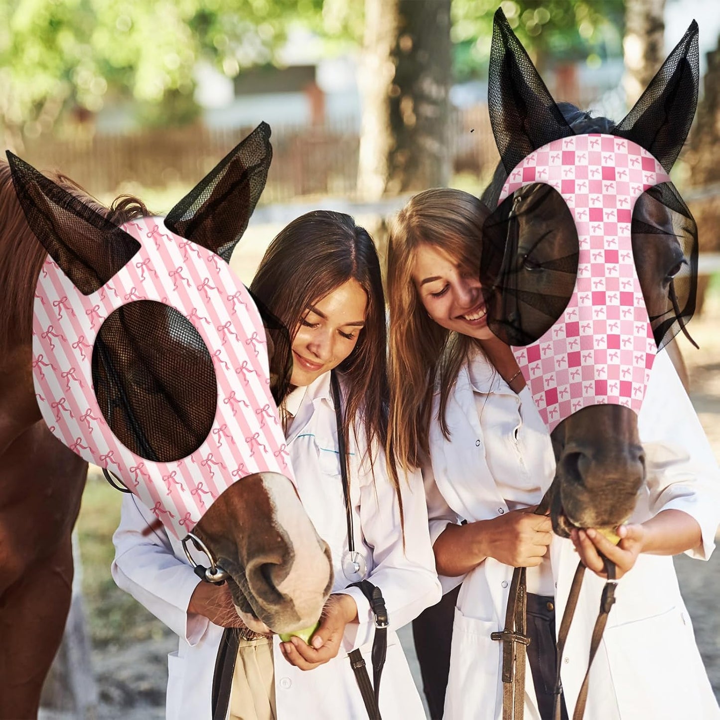 Chunful 6 Pcs Horse Fly Masks with Ears Smooth and Comfortable Cashel Mesh Fly Mask Elasticity Breathability UV Protection Horse Face Covering for Riding Supplies(Pink Bow,Large)