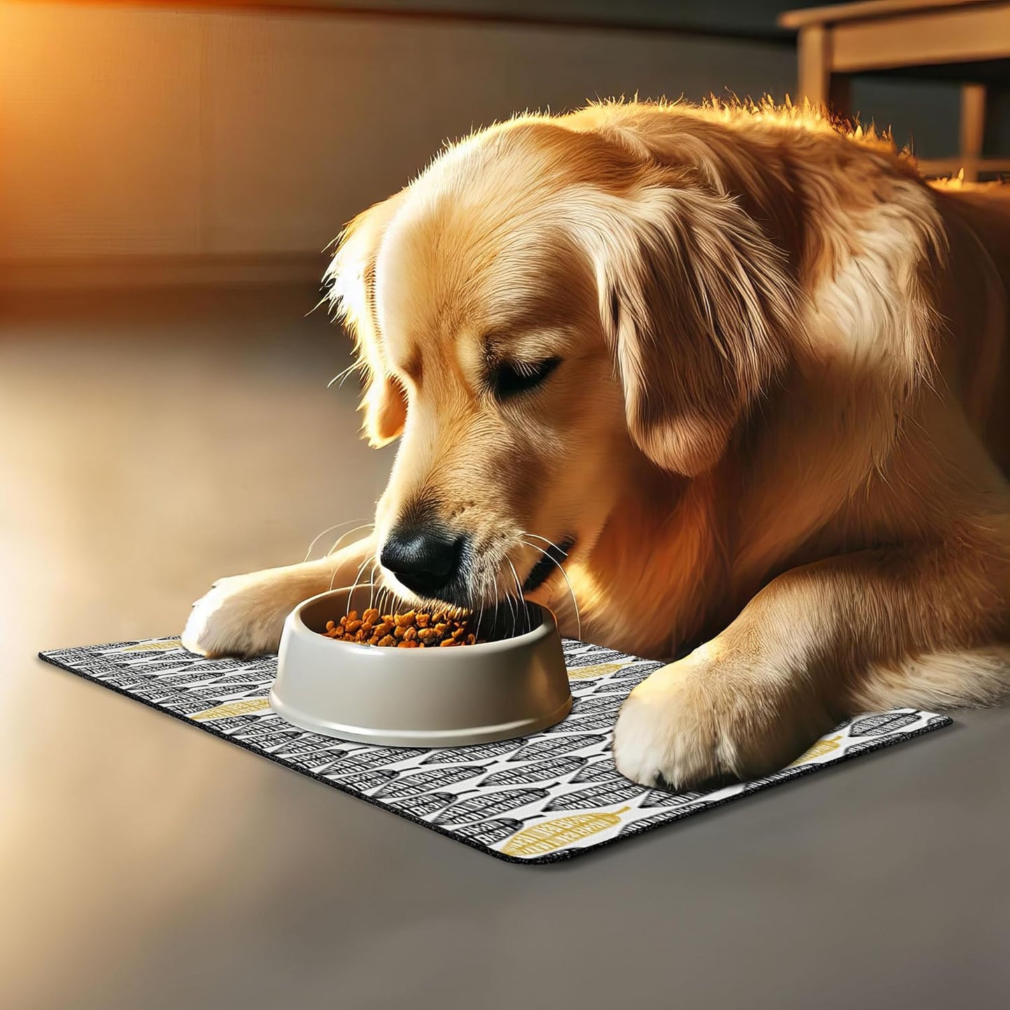 Lunarable Aztec Pet Mat for Food and Water, Modern Graphic of Ornate Hand Drawn Style Old Feather Form with Aztec Lines Print, Non-Slip Rubber Mat for Dogs and Cats, 18" X 12", Charcoal Yellow