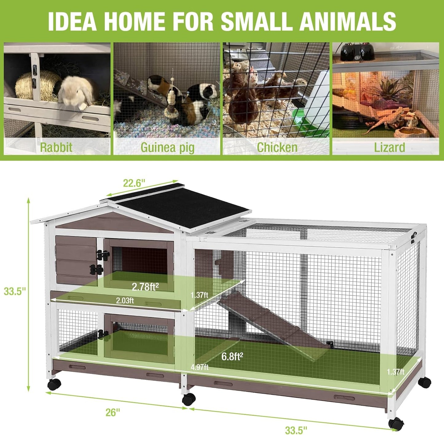 Outdoor Rabbit Hutch Indoor Bunny on Wheels Large Guinea Pig Cage with Run for Any Small Animals,Removable Pull Out Tray White