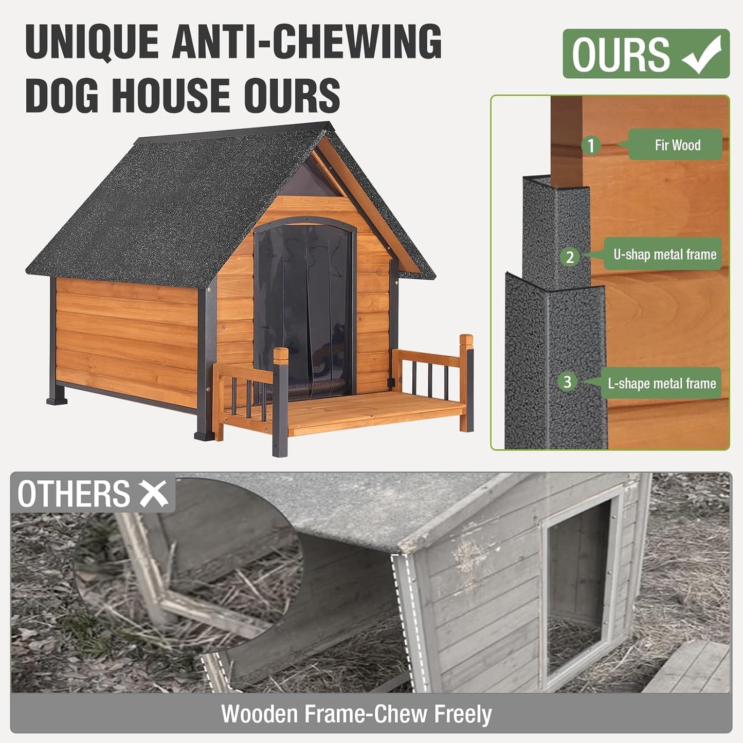 Large Dog House Outdoor Weatherproof Dog Kennel with Anti-Chewing Iron Frame, Dog Shelter for Large Breed with Porch (Brown, 50.9" D x 37.4" W x 37.2" H)