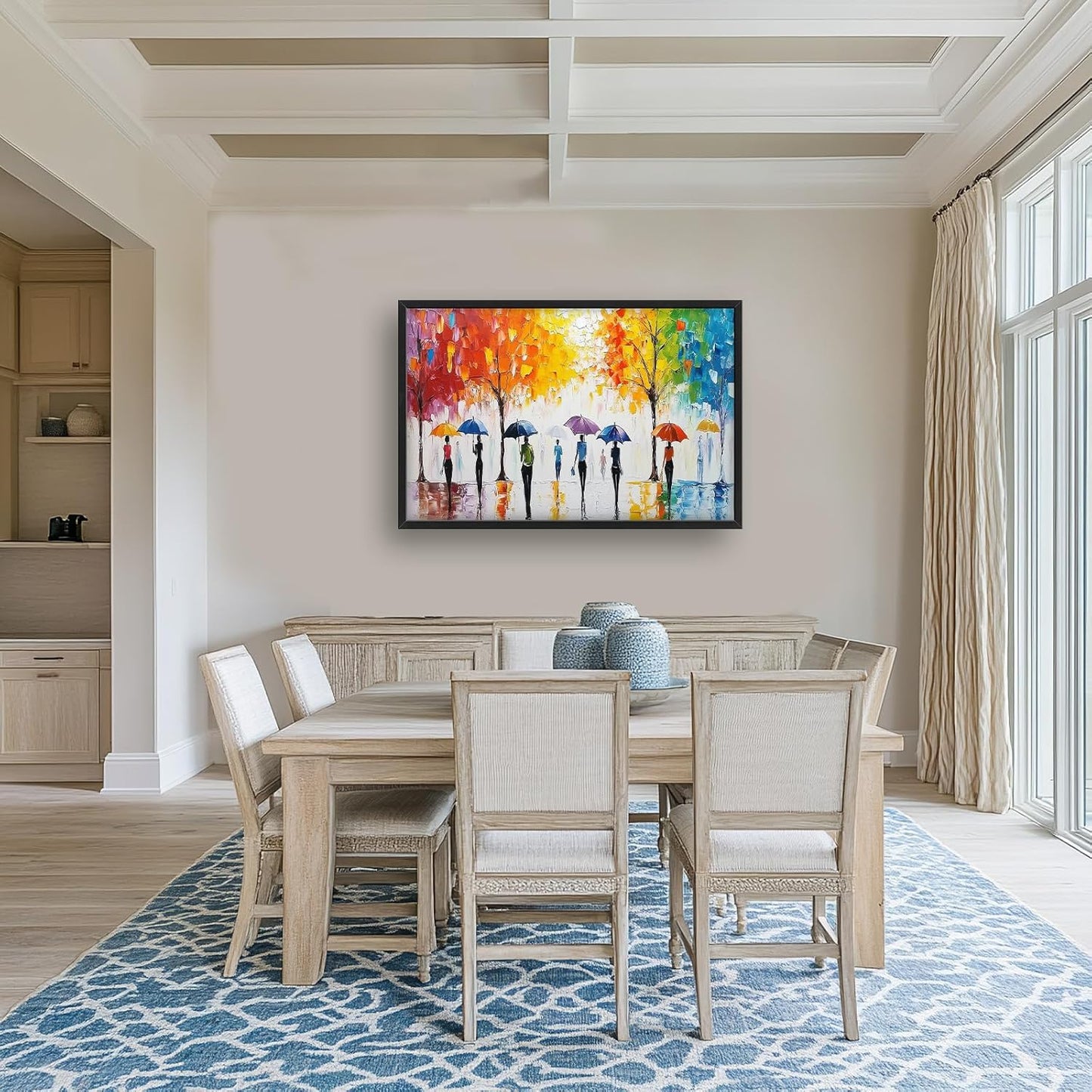 Large Abstract Tree Wall Art for Living Room, Framed Oversized People with Colorful Umbrella Wall Decor Street Canvas Painting Modern Artwork for Living Room Bedroom Office Dining Room 36"x24"