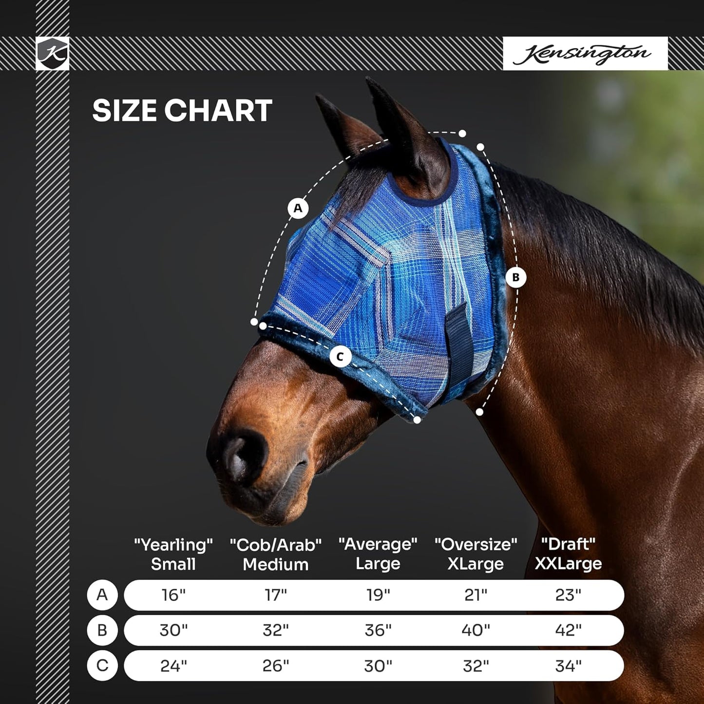 Kensington UV Fly Mask with Fleece Trim - Protective Mask with Dual Ear Opening & Forelock Freedom - Large, Deluxe Black