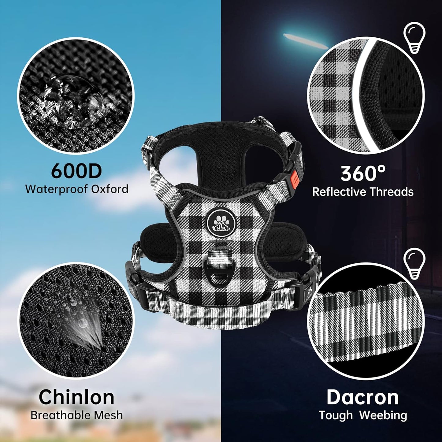 NESTROAD No Pull Dog Harness with Leash, Reflective No Choke Pet Vest Harness,Adjustable Soft Padded Dog Harness with Easy Control Handle for Large Dogs(Checkered Black,X-Large)