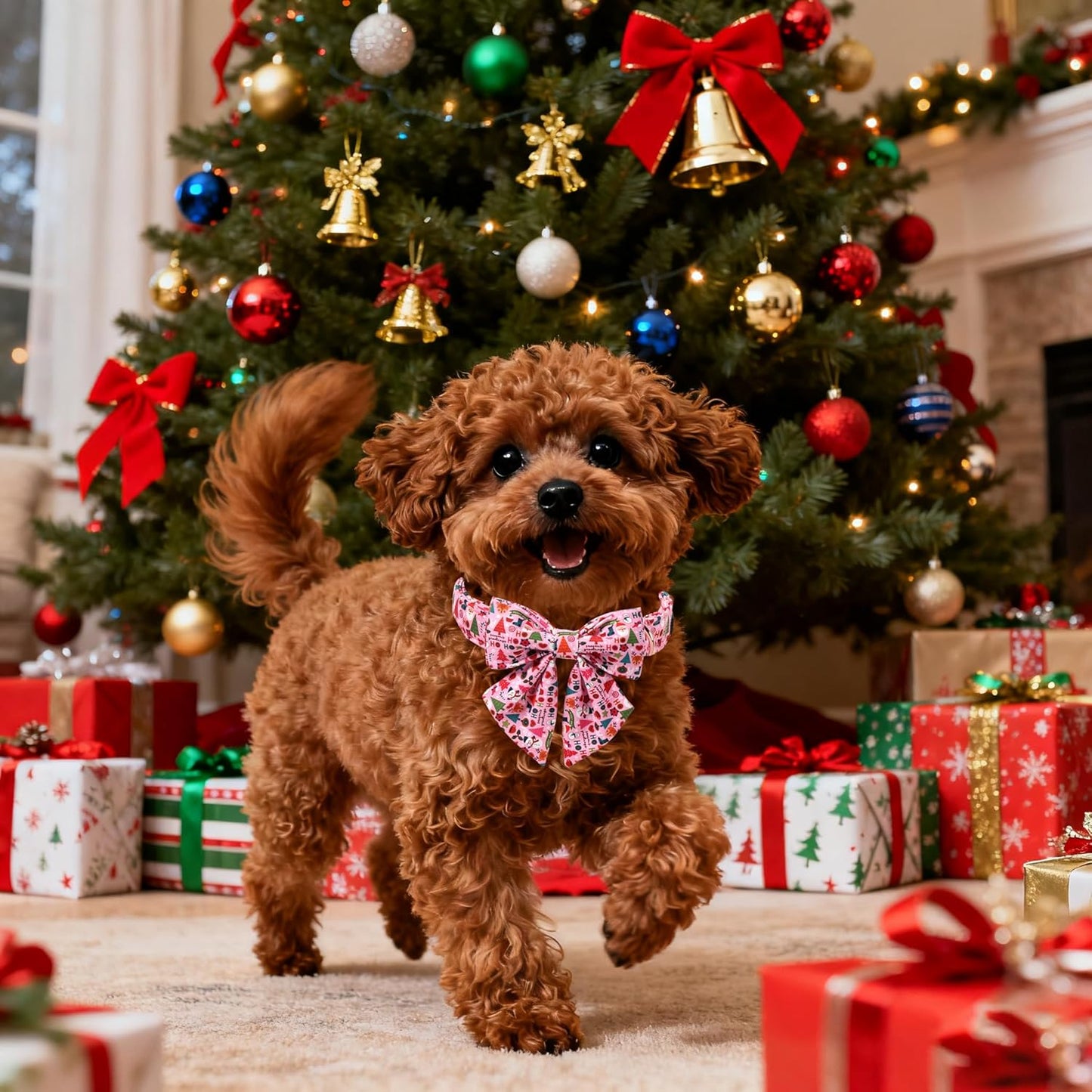 Lionet Paws Christmas Dog Collar with Sailor Bow, Cute Ho Christmas Tree Snowman Pink Dog Collar Bow Tie for Large Dogs, Neck 16-24 inches