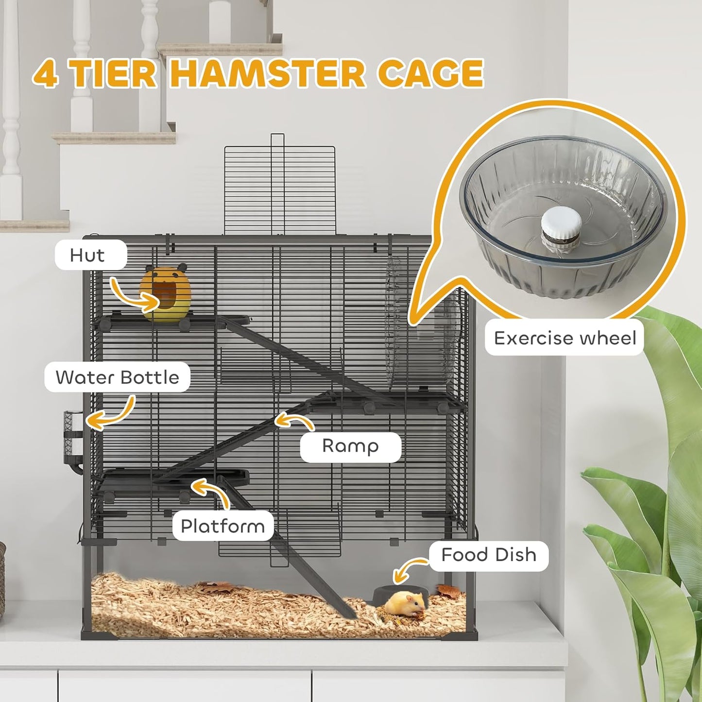 PawHut Large Hamster Cage with Deep Tempered Glass Bottom, 4 Tiers Hamster Tank with Running Wheel, Hut, Water Bottle, Dish, Rat Cage for Syrian, Dwarf, Gerbils, Mouse, 31" x 19" x 31.5", Black