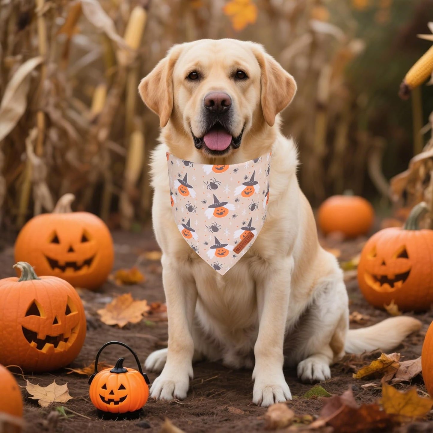 ADOGGYGO Halloween Dog Bandanas, Ghost Pumpkin Witch Scarf, Multi Size, Black Orange Halloween Bandanas for Extra Large Dogs Pets (X-Large)