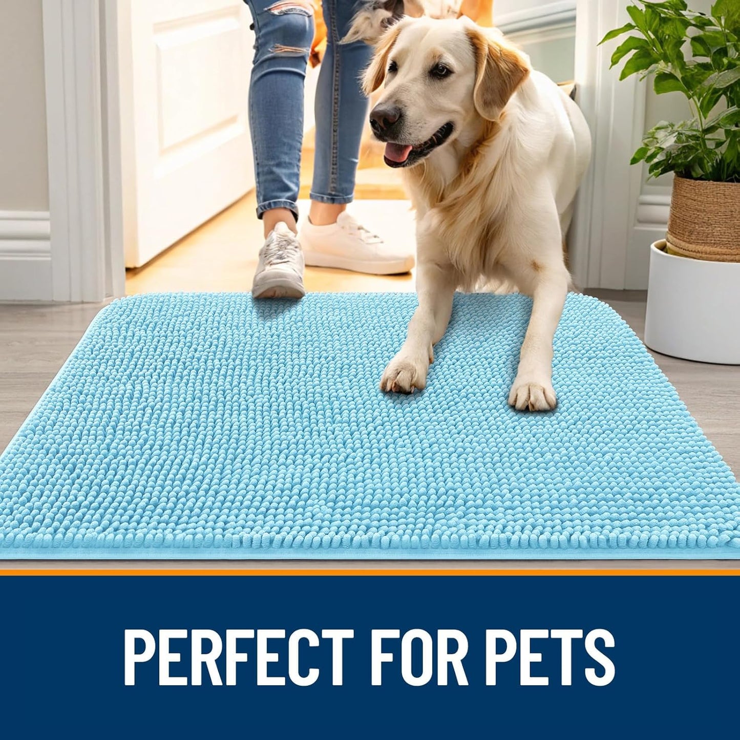 OLANLY Dog Door Mat for Muddy Paws 47x17, Absorbs Moisture and Dirt, Absorbent Non-Slip Washable Doormat, Quick Dry Chenille Mud Mat for Dogs, Entry Indoor Entryway Carpet for Inside Floor, Blue