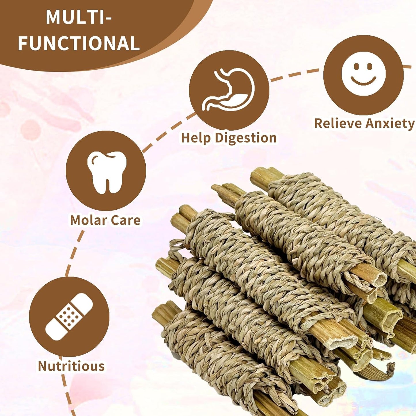 Fhiny 12 PCS Rabbit Chew Sticks, Natural Papaya Wood Seagrass Guinea Pig Chew Toys for Teeth Small Animal Molar Sticks Snacks for Bunny Guinea Pig Chinchilla Ferret Hamster Gerbil Dental Care