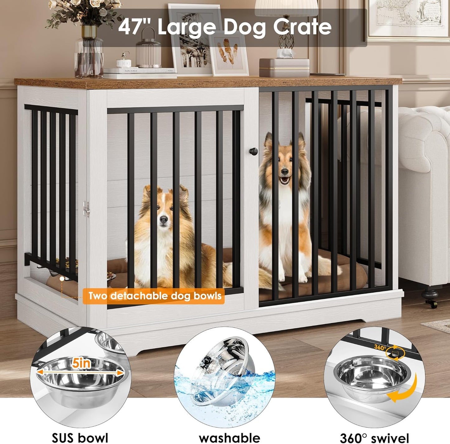 Dog Crate Furniture 47" Large Dog Kennel for Dogs Indoor, Heavy Duty Dog Cage with Sliding Door and 2 SUS Bowls Wooden End Table in Living Room for Small Medium Large Dogs, White