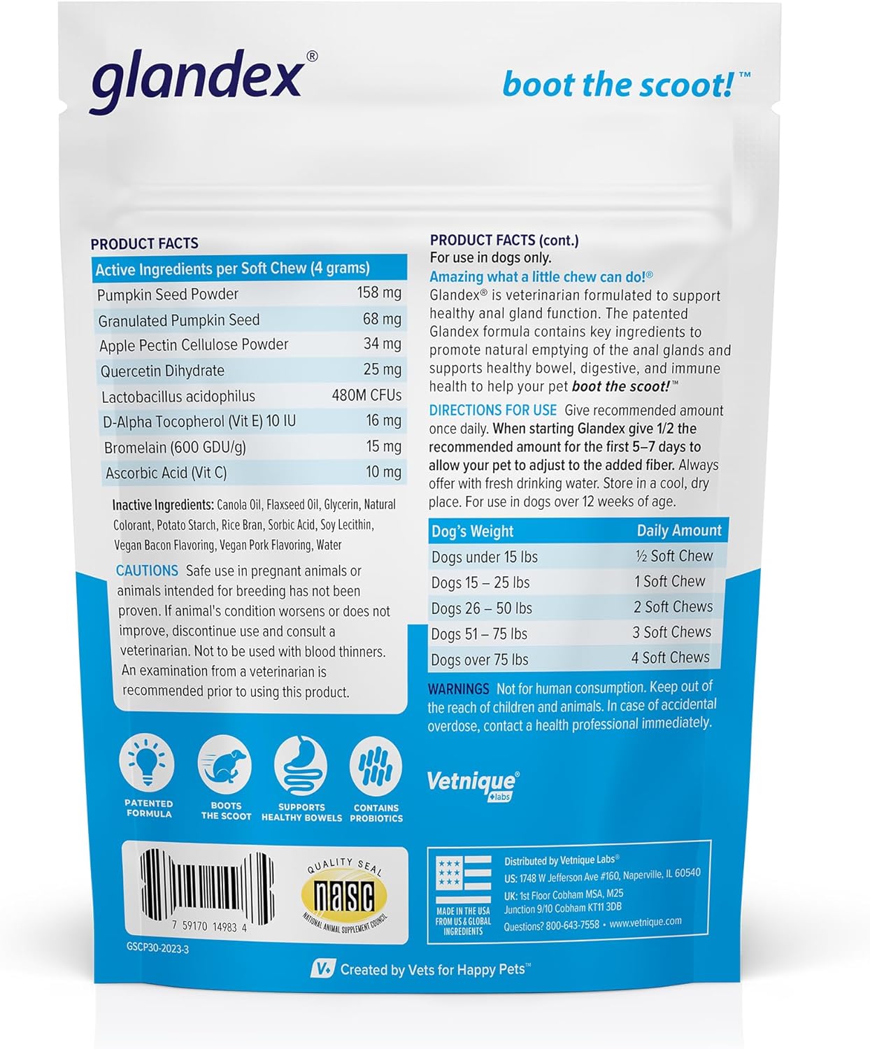 Vetnique Labs Glandex Anal Gland Soft Chew Treats with Pumpkin for Dogs Digestive Enzymes, Probiotics Fiber Supplement for Dogs Boot The Scoot (Bacon/Pork Chews, 30 Count)