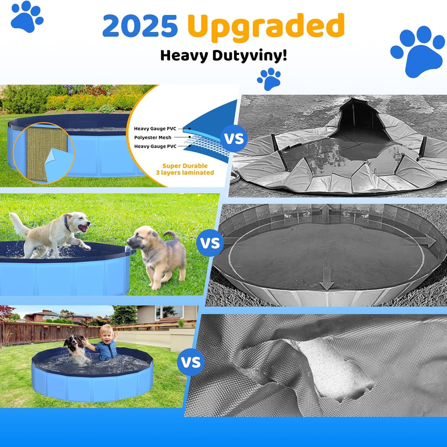 39.5" x 12" Foldable Dog Pool - Collapsible Hard Plastic Kiddie Pool for Dogs & Kids, Non-Slip Pet Bath Tub for Outdoor Backyard Use, Lightweight & Portable (Blue)