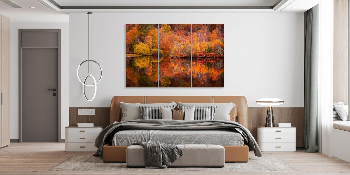 Nature Wall Art Prints - Ocean Forest Mountain Lake Canvas Landscapes - Small to Extra Large Living Room Bedroom Kitchen Bathroom Décor (Autumn Forest with Lake, 39L" x 59W" - 3 Panels)