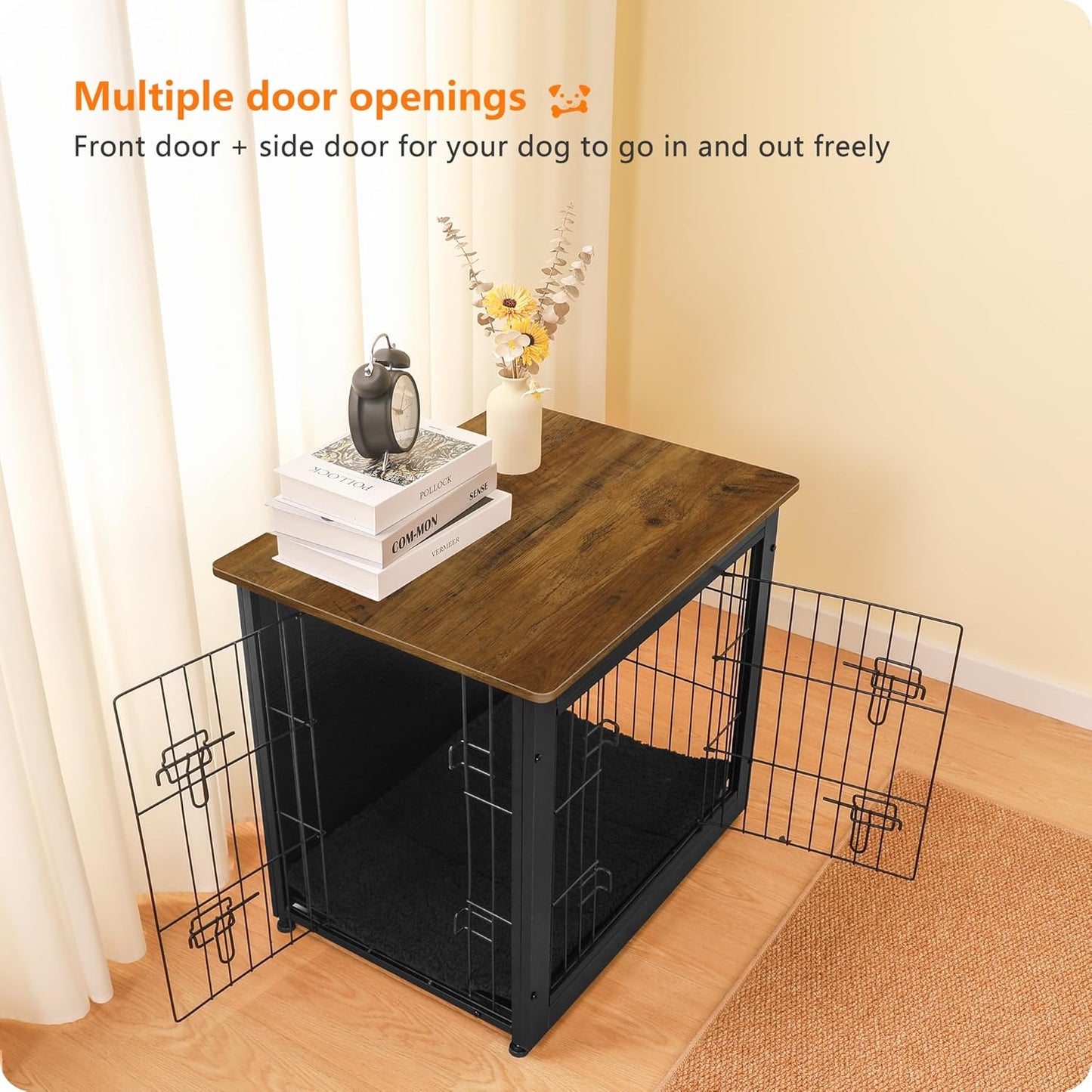 DWANTON Dog Crate Furniture with Cushion, Wooden Kennel Table with Double Doors, Indoor Dog House, Small/Medium/Large Size, 27.2" L, Black+Warm Brown
