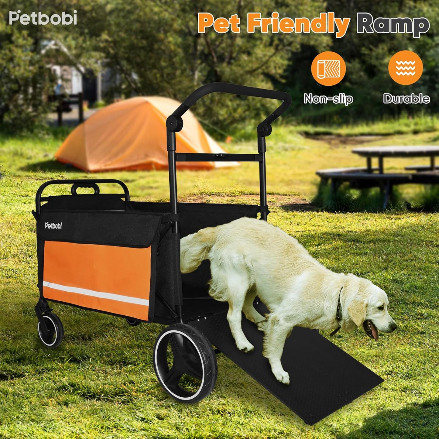 Petbobi Dog Wagon Stroller for Large & Medium Dogs - 2-in-1 Push-Pull Pet Stroller with Ramp, Foldable All Terrain Wagon Cart, One-Step Brake, Suitable for Outdoor Walks & Camping, Orange