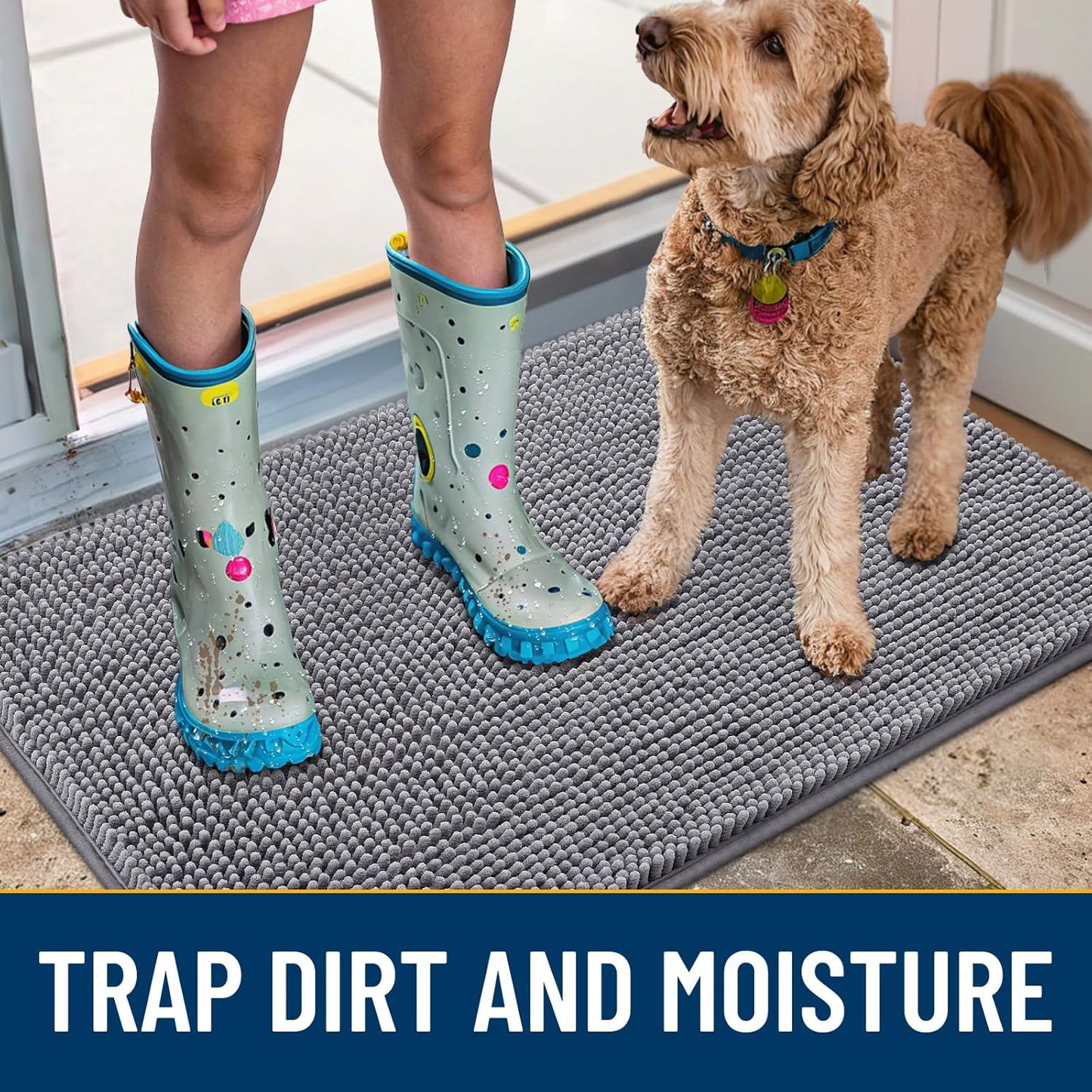 Smiry Dog Door Mat for Muddy Paws 24x16, Absorbs Moisture and Dirt Doormat, Non-Slip Washable Quick Dry Chenille Front Door Mat Indoor Entrance, Entryway Carpet for Inside Floor, Grey