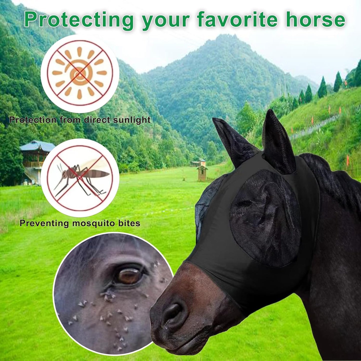 Horse Fly Mask with Ears, Comfortable Fit Stretch Fabric with UV Protection Soft on Skin Breathability for Small/Medium Size Horses (Black)