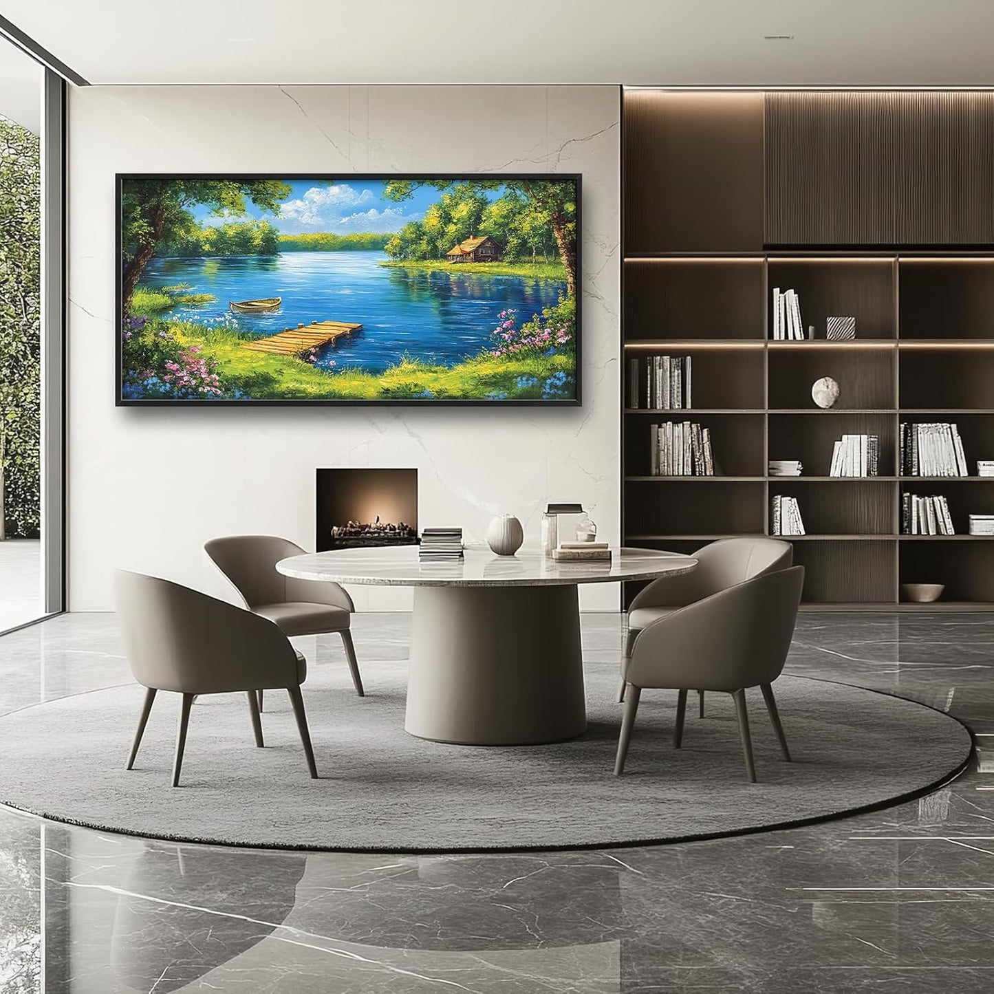 Large Lake Cabin Wall Art for Living Room, Framed Oversized Tree Boat Wildflowers Wall Decor Nature Landscape Canvas Painting Modern Artwork for Bathroom Bedroom Office Dining Room 60"x30"