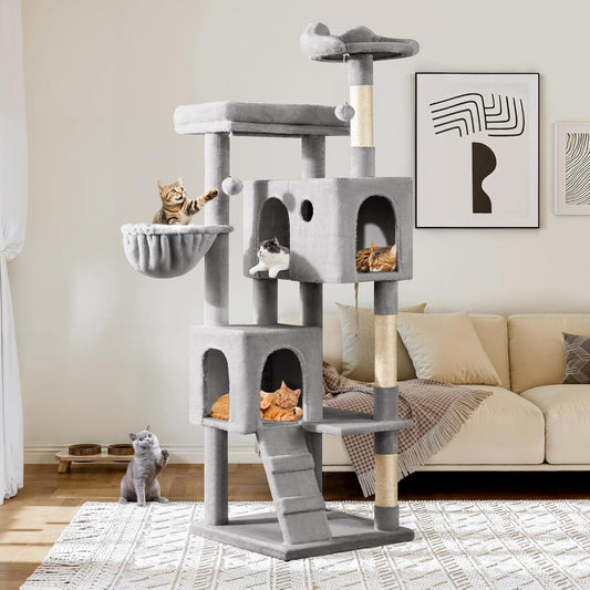 Allewie 64 Inches Cat Tree Tower/Multi-Level Activity Center for Indoor Big Felines/2 Plush Condos/2 Perchs/Basket/House/Sisal Scratching Posts/Hanging Cat Toys/Grey