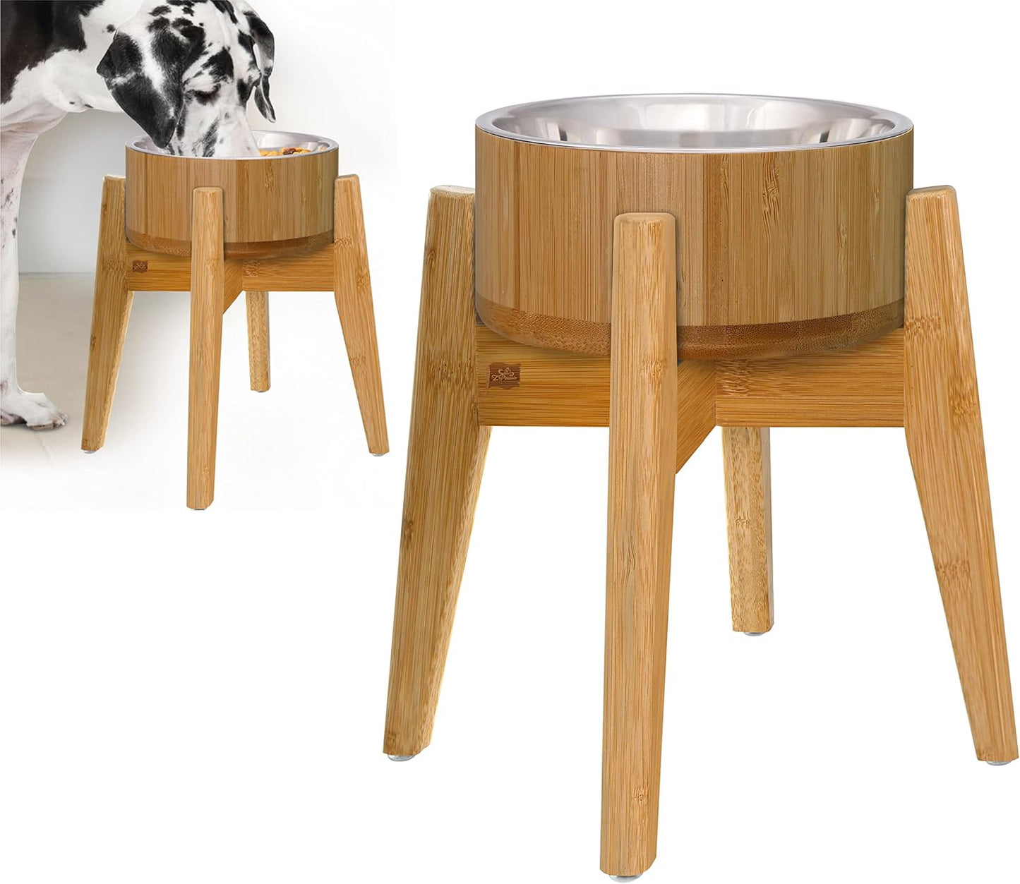 Dog Bowls Elevated, 12-inch High, 5-Cup Cap - Set of Bamboo Holder, Stainless Inner Dish and Stand - Ideal for Medium to Large Breeds - All-Detachable Parts