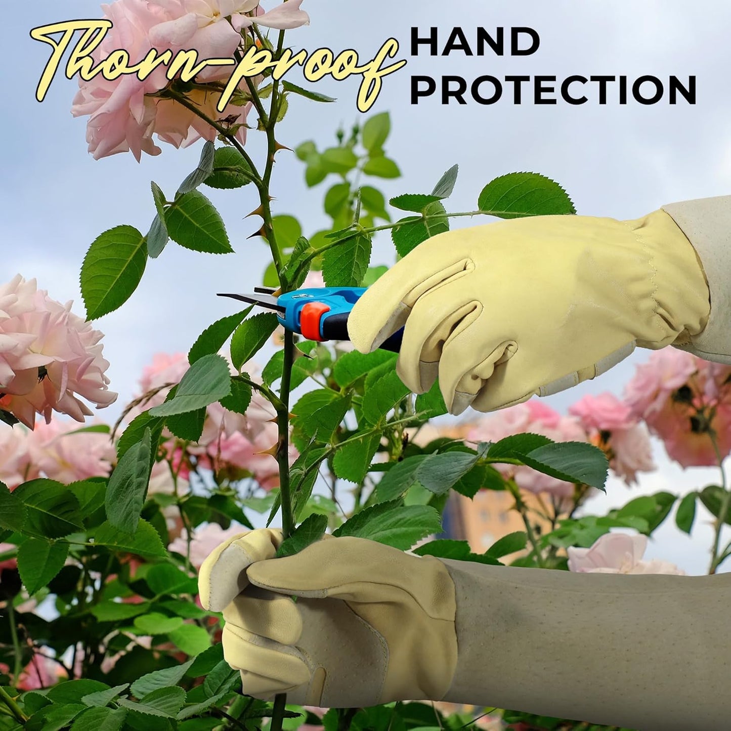 HANDLANDY Rose Pruning Gardening Gloves for Men Women, Thorn Proof Forearm Protection Leather Garden Gloves, Gardening Gifts for Gardeners (Beige- goatskin, Medium (Pack of 1))