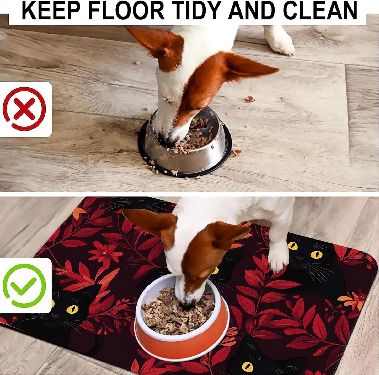 Black Cat Forest Pet Feeding Mat-Quick Dry Absorbent Dog Cat Food Mat, Anti-Slip Water Bowl Mats for Messy Eaters-No Stains Indoor Pet Accessories 12"x20"