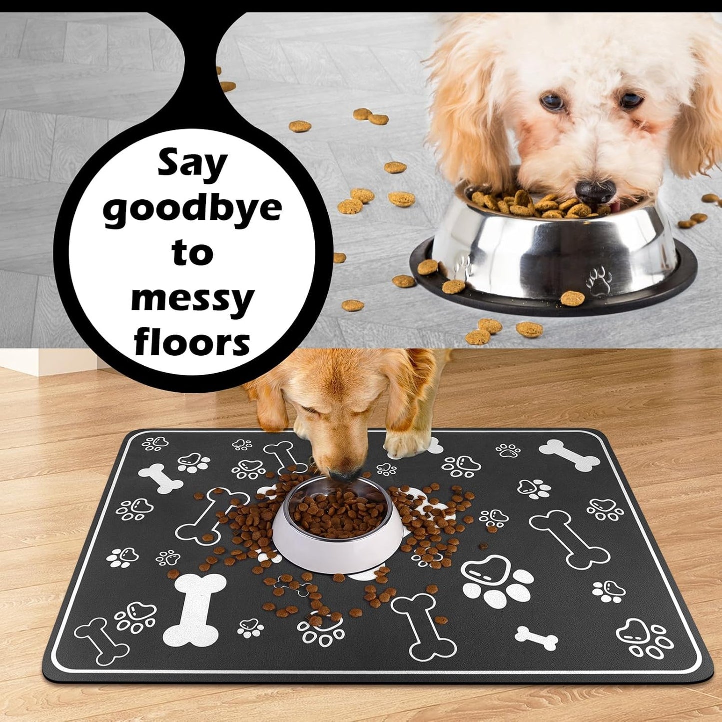 Pet Feeding Mat,Rapid Absorbent Mats for Dog Cat Food, Dog Placemat Water Bowl Mat with Rubber Backing,Messy Drinkers to Protect Floors, Pet Accessories 17"×29" Black