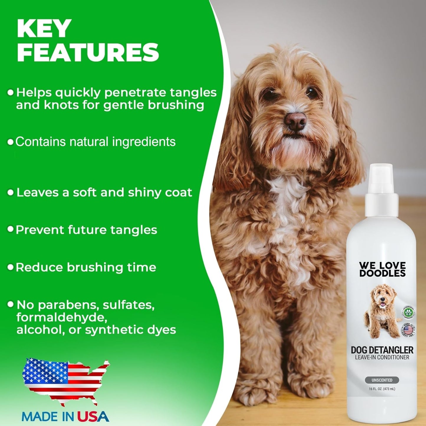 We Love Doodles Dog Detangler Spray - Leave-in Conditioner for Dogs - Dog Detangling Spray - Dematting Spray for Dogs - Tangle Remover - Made in The USA (Hypoallergenic Unscented)