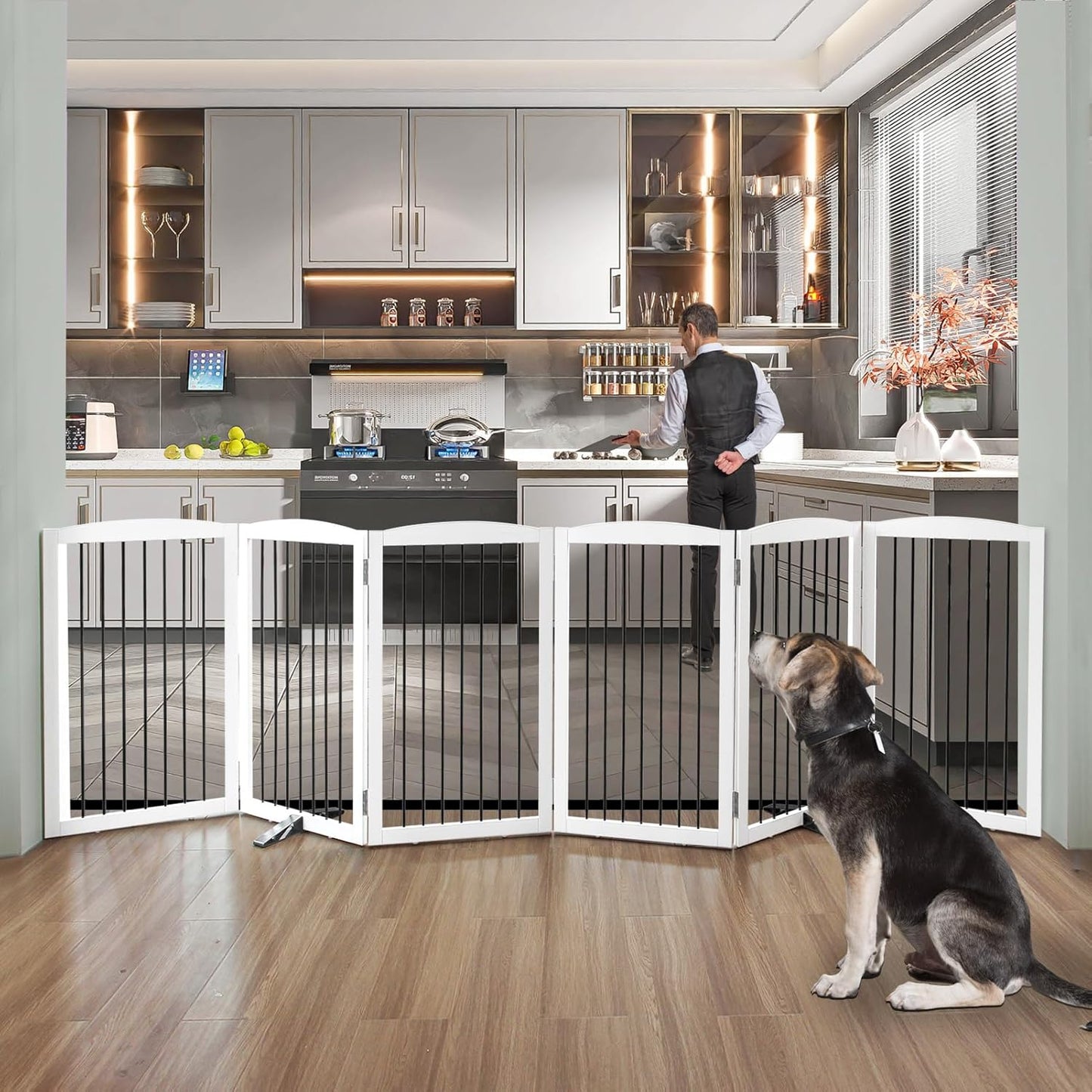 Freestanding Panel Dog Gate for Indoor, Doorways,Stairs, or Hallways,Foldable Wooden Dog Gates for House,Pet Gate for Dogs,Dog Fence, Puppy Gate,Support Feet Included,32 "Height-6 Panels,White