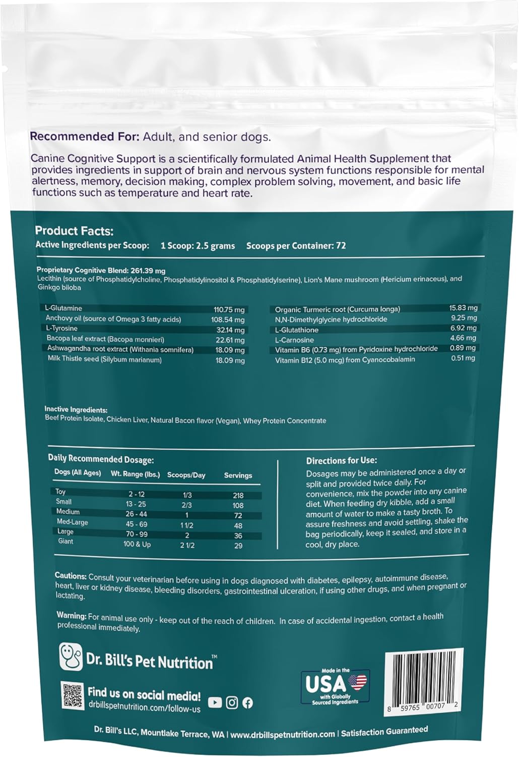 Dr. Bill’s Canine Cognitive Support | Memory Support Supplement Multivitamin for Dogs | Contains Gingko Biloba, L-Carnosine, Vitamin B-12, L-Glutamine, L-Tyrosine, and DHA for Adult and Senior Dog
